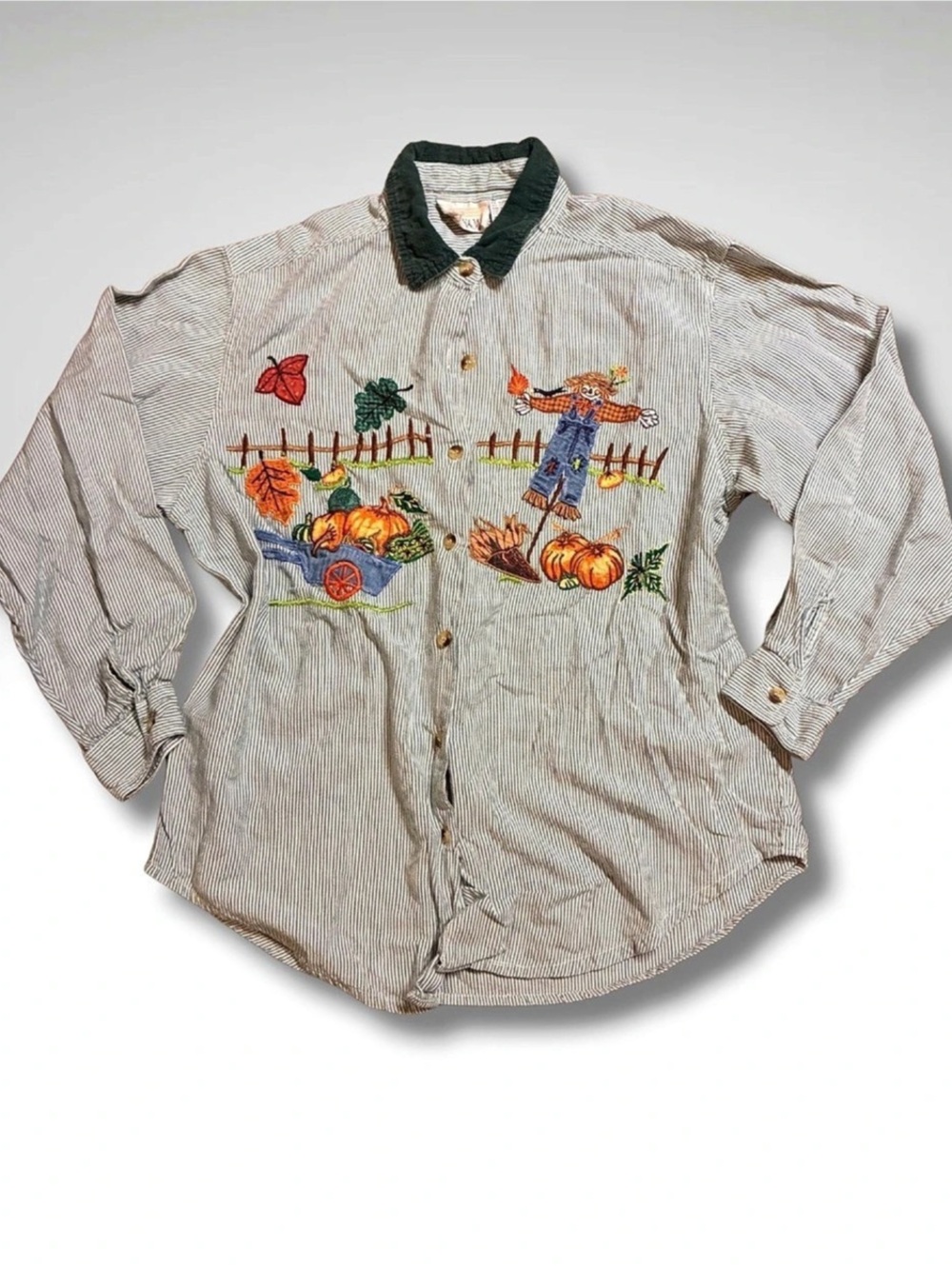 Vintage Casey & Max Harvest Pumpkin Scarecrow Embroidered Shirt L Cottagecore